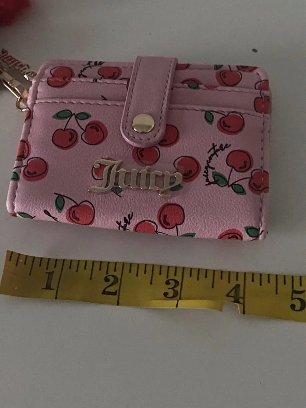 Juicy Couture Cherry Girl CC Wallet W/Back Window Flamingo  W/Charm Pom Pom NEW